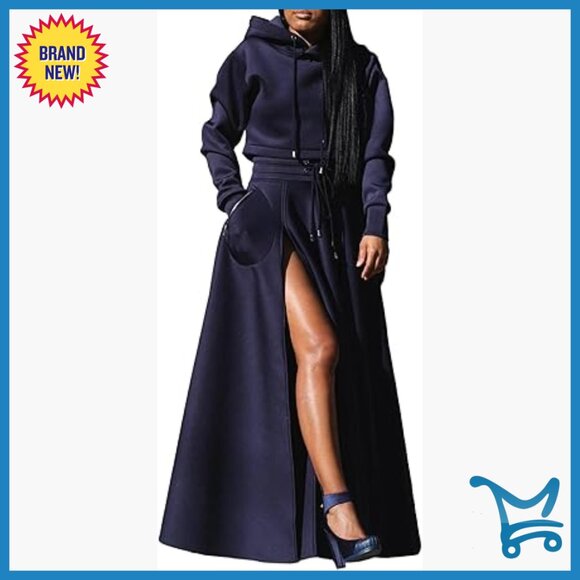 2 Piece Maxi Skirt Set with Hoodie Long Sleeve Lounge Outfit